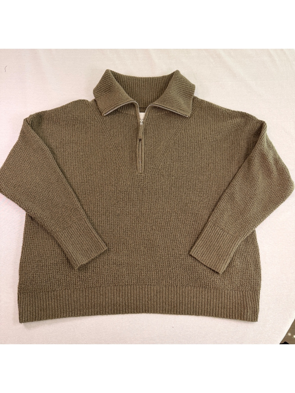 Aerie Olive Green Quarter Zip Waffle Knit Sweater Womens L Slouchy Oversized